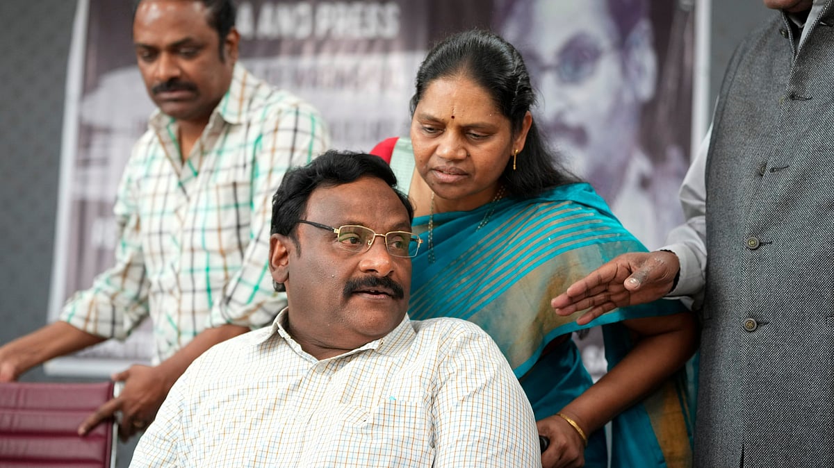 PTI : Former Delhi University professor G.N. Saibaba with wife Vasantha Kumari during a press conference following his release from the Nagpur Central Jail after the Bombay High Court acquitted him in an alleged Maoist links case, in New Delhi, Friday, March 8, 2024. 
